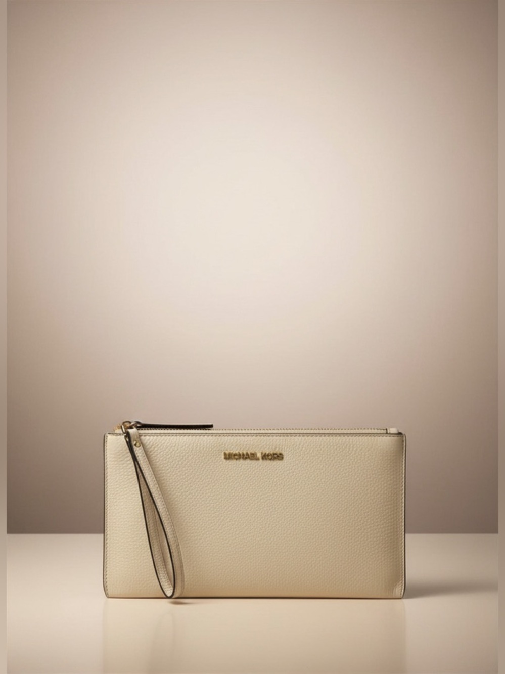 Michael Kors Cream Pebbled Leather Wristlet Clutch with Gold Logo